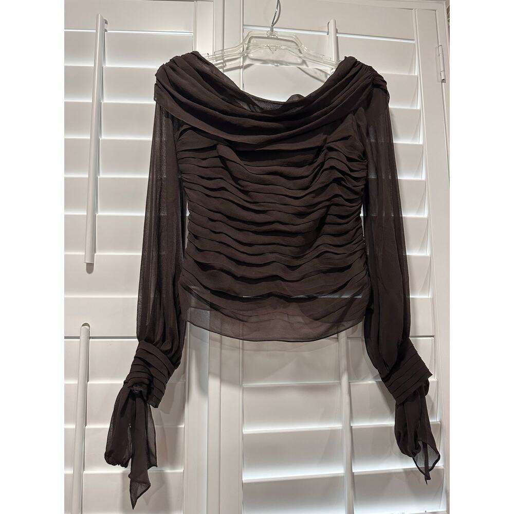 Vintage Lillie Rubin 100% Silk Ruched Blouse Off Shoulder Chocolate Brown Size 4 - Picture 8 of 13